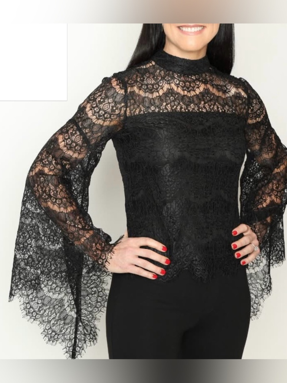 Philosophy Black Lace Blouse - Dramatic Bell Sleeves - Size 10